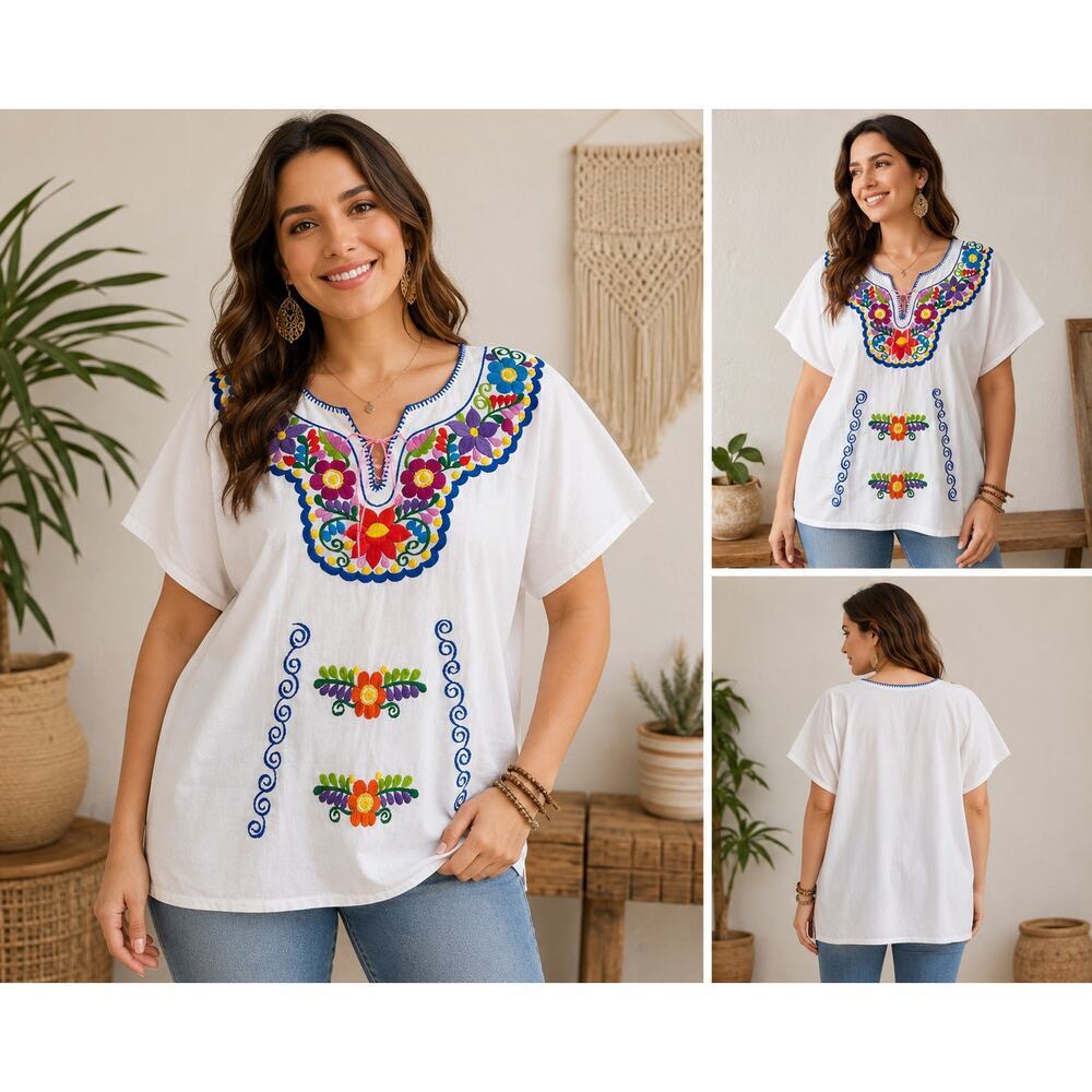 Artelati Mexican Embroidered Huipil Blouse XL White Floral Boho Cotton Top